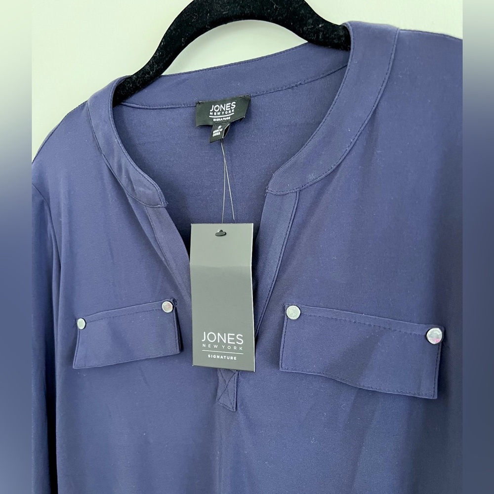 NEW JONES NEW YORK SIGNATURE Navy Blue Knit Blouse Top Sz Small / New with Tags - Picture 5 of 11